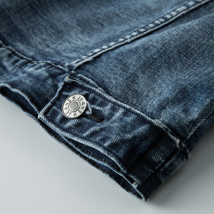 Urban edge men's slim fit denim jacket, light blue for a casual streetwear biker aesthetic.