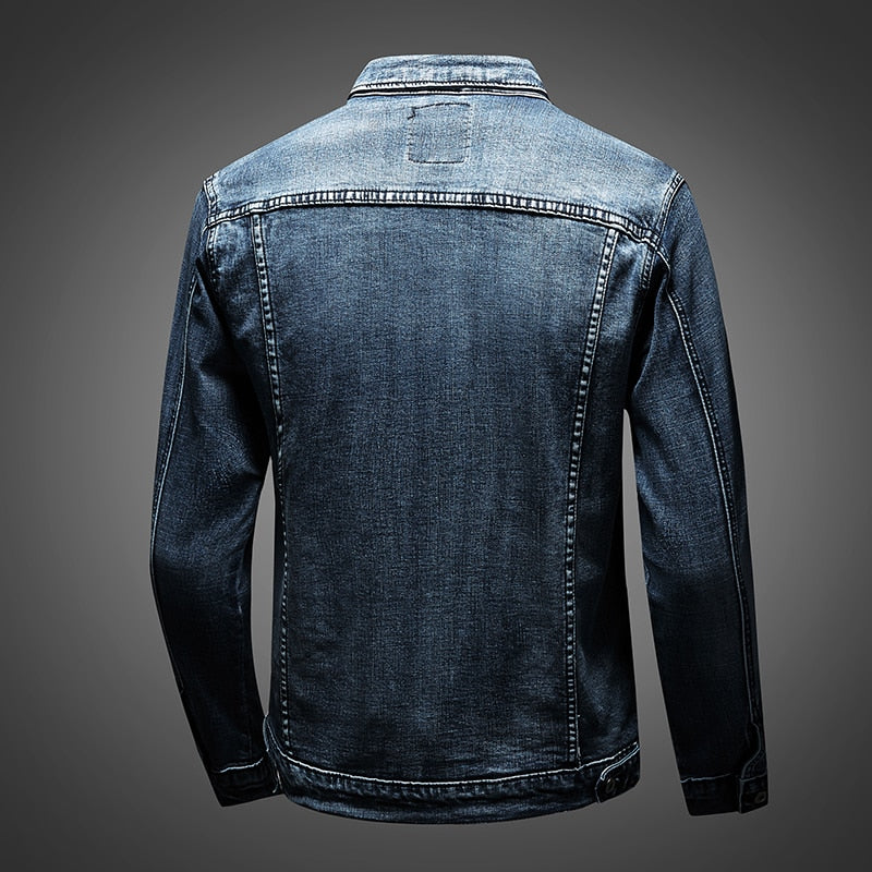 Casual men's slim fit light blue denim jacket, bringing an urban biker edge to any streetwear look.
