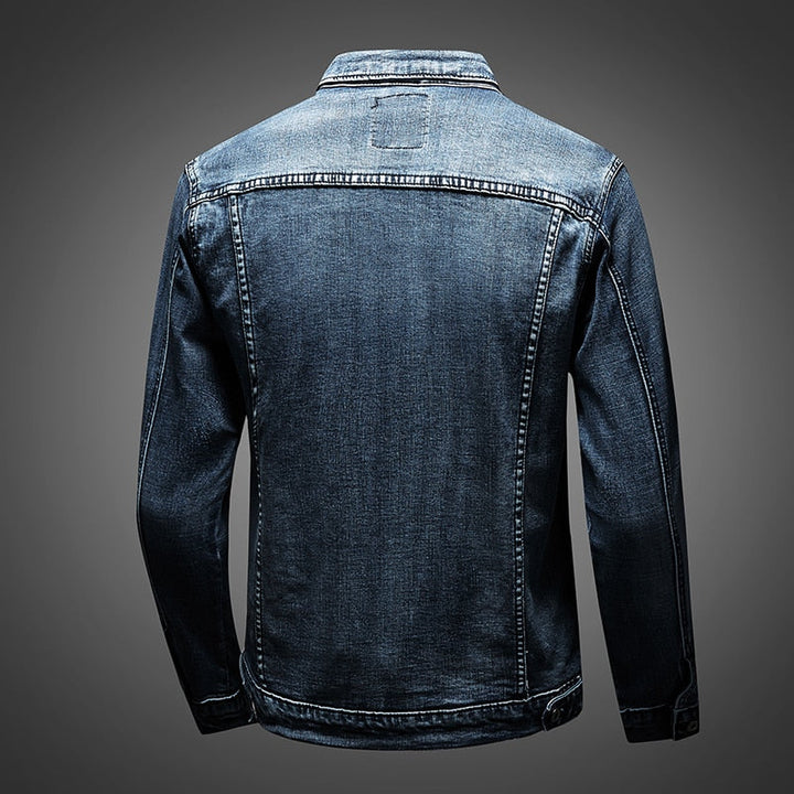Casual men's slim fit light blue denim jacket, bringing an urban biker edge to any streetwear look.