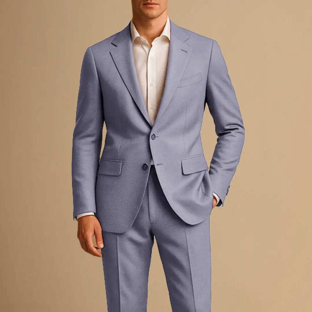 Elegant men's slim fit wedding suit. Lightweight two-piece design, perfect for groomsmen or special event guests.