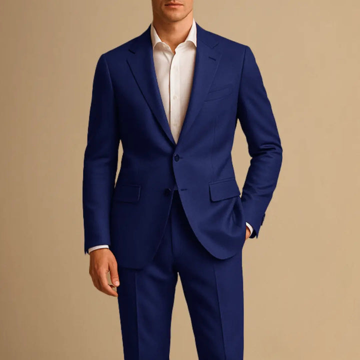 Stylish men's slim fit two-piece suit with tailored blazer. Lightweight fabric for weddings, formal events & business.