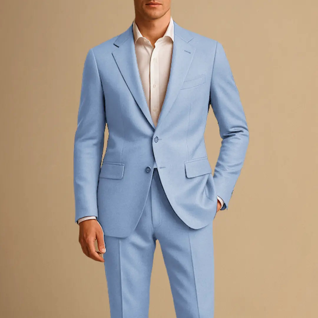 Sharp men's slim fit formal suit. Lightweight two-piece, perfect wedding attire, business events & modern wear.