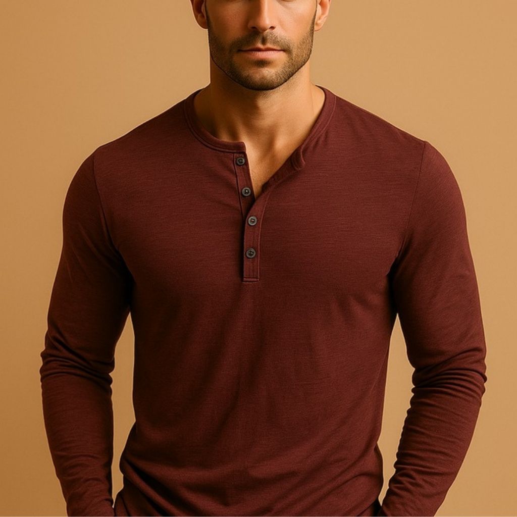 Basic yet essential men's slim fit long sleeve henley tee. Comfortable & fashionable for any casual occasion.