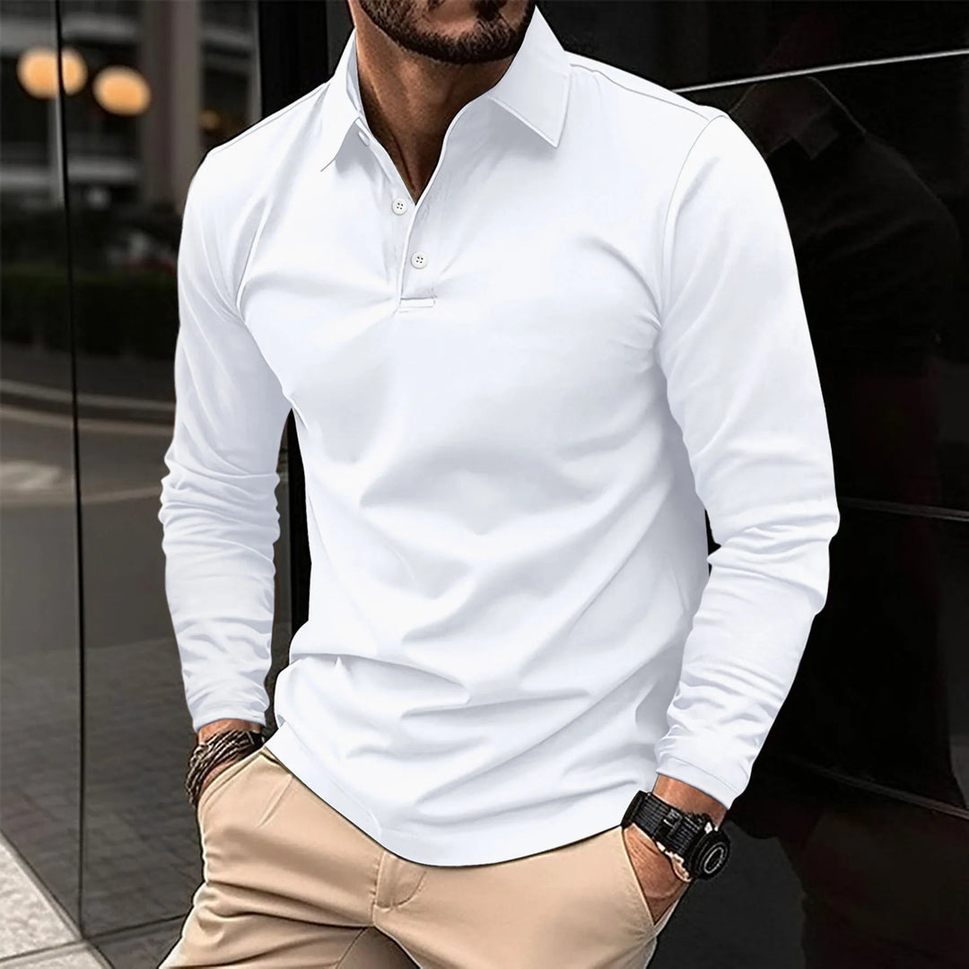 Men's slim fit long sleeve polo shirt. Casual, comfortable, and stylish collared top for everyday wear.