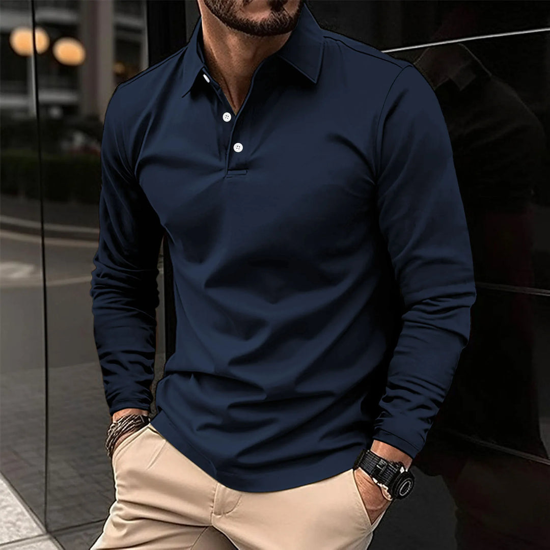 Modern men's slim fit long sleeve polo. Smart casual shirt, perfect for versatile everyday fashion.
