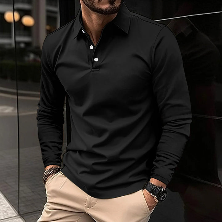 Versatile men's long sleeve polo. Slim fit collared casual shirt, a modern essential for men's fashion.