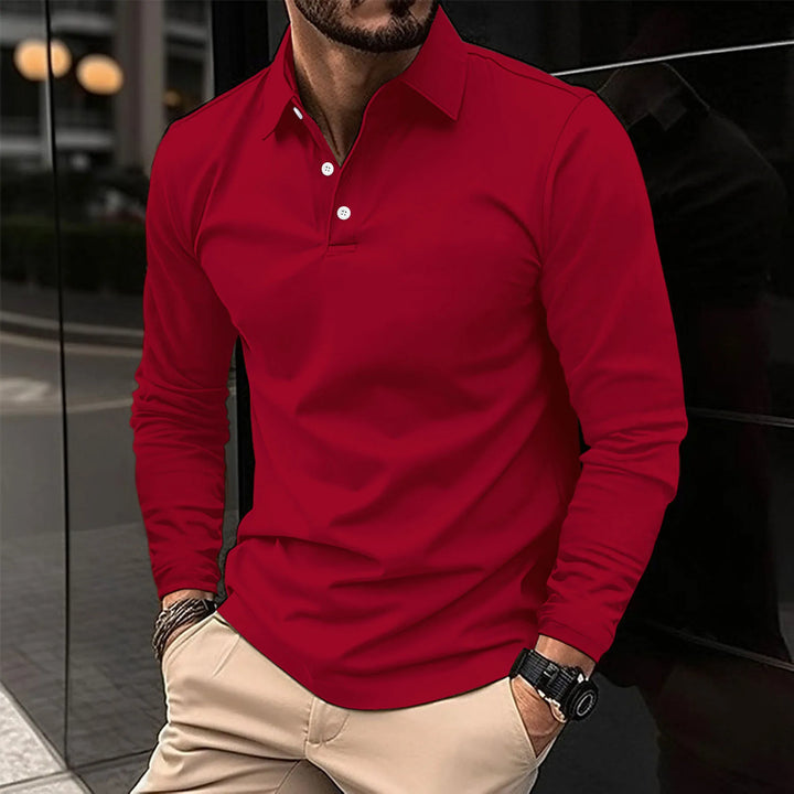 Everyday men's slim fit long sleeve polo. Casual collared shirt suitable for versatile smart casual fashion.