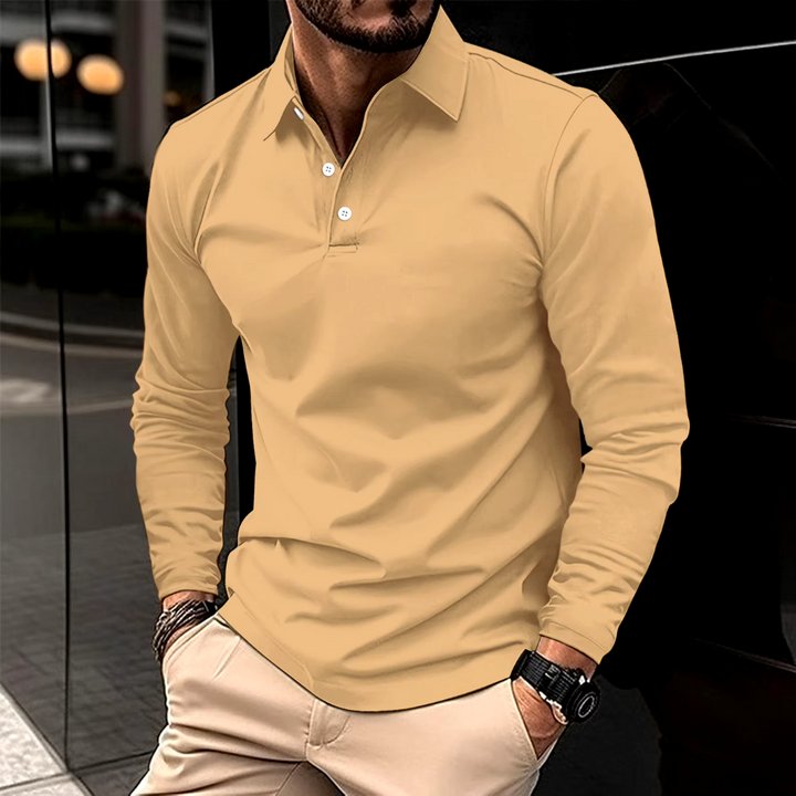 Men's apparel: slim fit long sleeve polo collar shirt. Comfortable & stylish casual top for modern men.