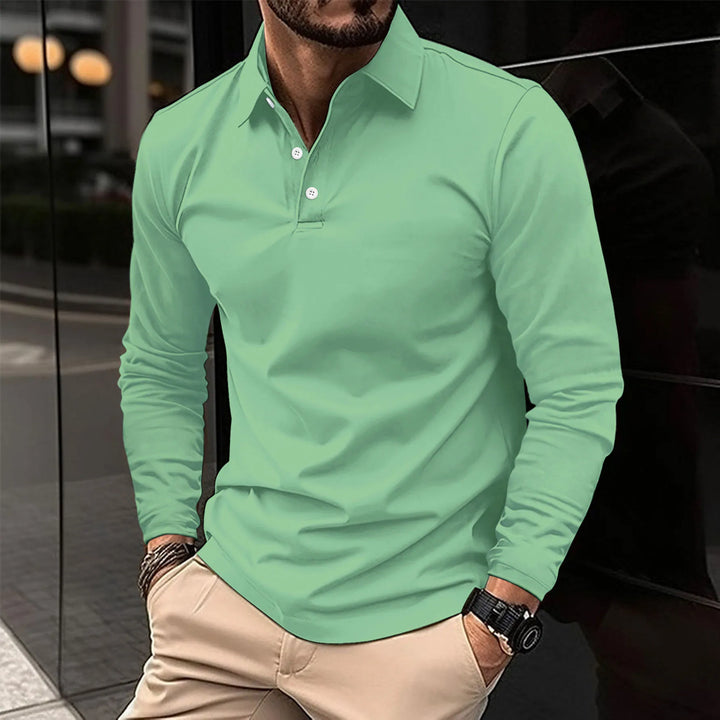 Men's slim fit long sleeve polo shirt. Smart casual, collared top for a tailored, versatile everyday look.