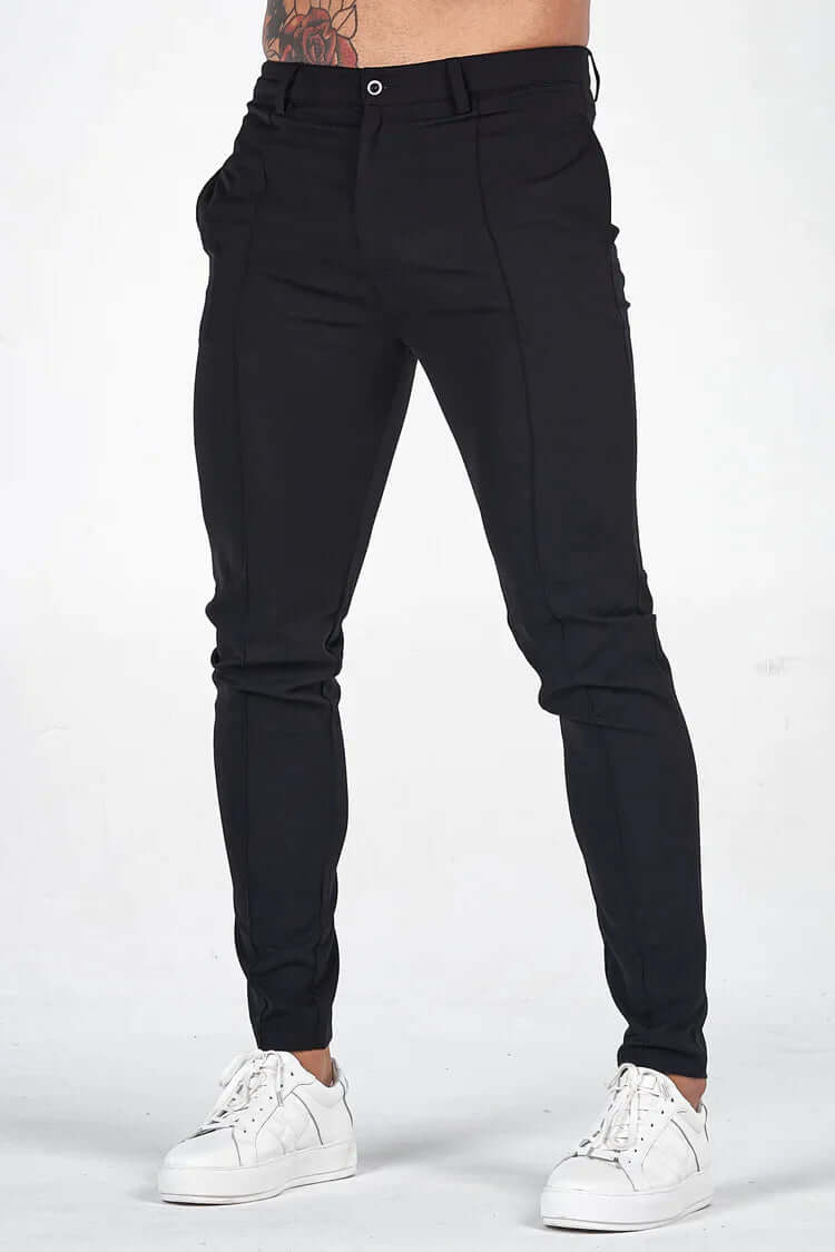 Beige men's slim fit long trousers, versatile for casual or formal fashion.