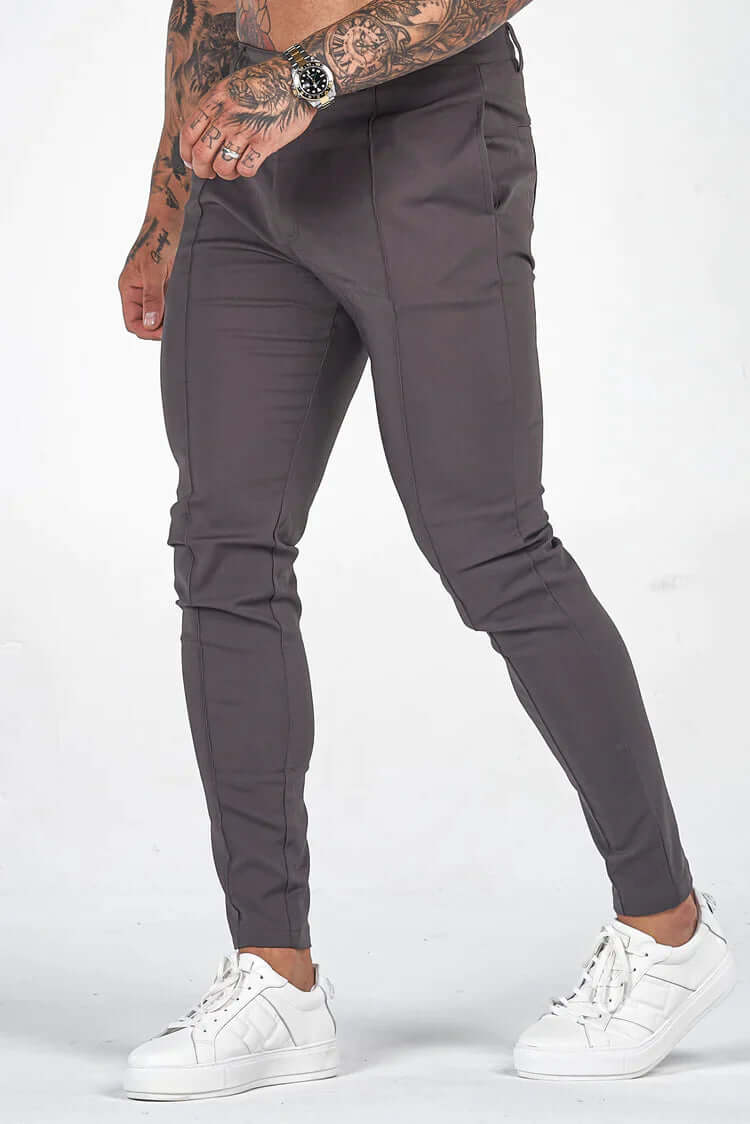 Gray men's slim fit long trousers, comfortable modern everyday pants.