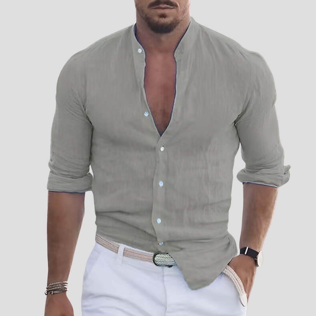 Modern men's collarless shirt: a slim fit, breathable mandarin collar design for contemporary casual wear.