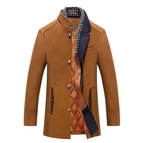 Men's slim-fit mid-length black winter coat. Modern style, warm outerwear for cold weather.