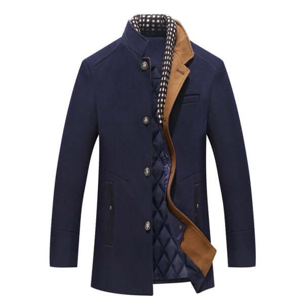 Stylish men's slim-fit mid-length blue winter coat. Formal or casual outerwear for contemporary looks.