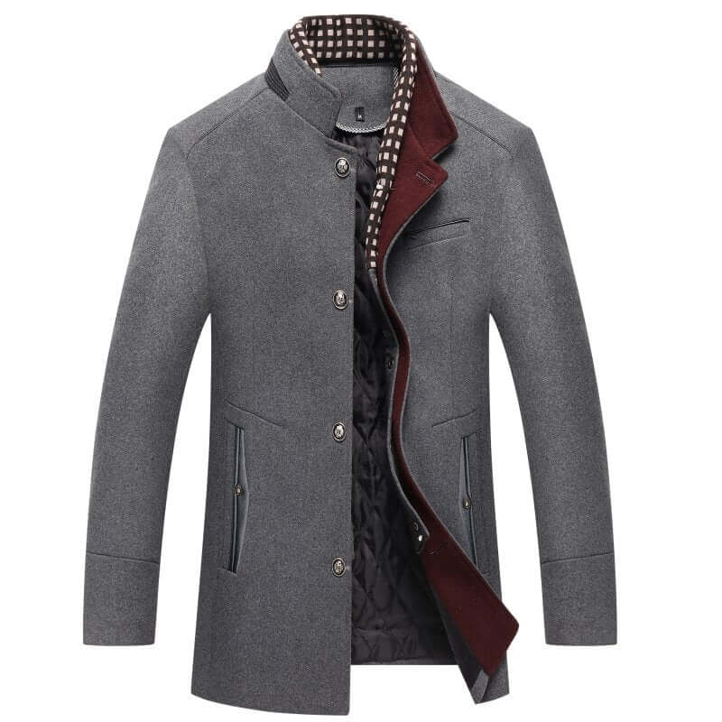 Elegant brown men's slim-fit mid-length winter coat. Chic outerwear, perfect for cold weather & modern style.