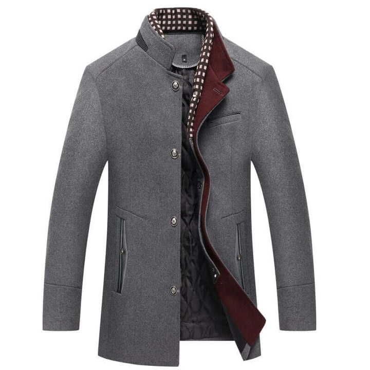 Elegant brown men's slim-fit mid-length winter coat. Chic outerwear, perfect for cold weather & modern style.