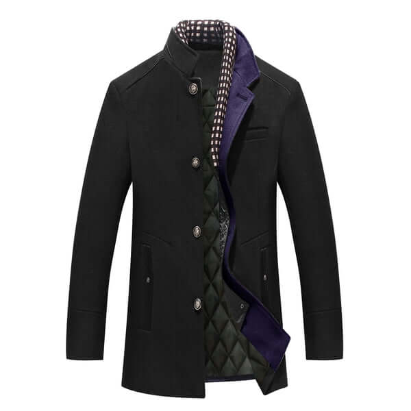Men's grey slim-fit mid-length winter coat with detachable collar. Versatile outerwear for winter style.