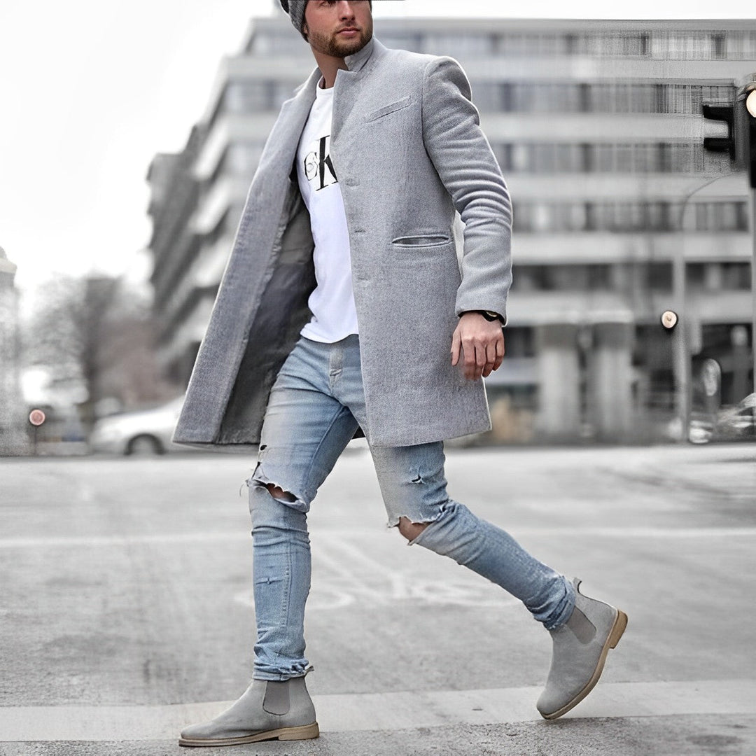 Men's slim-fit mid-length overcoat with a sophisticated stand collar, perfect for stylish formal outerwear.