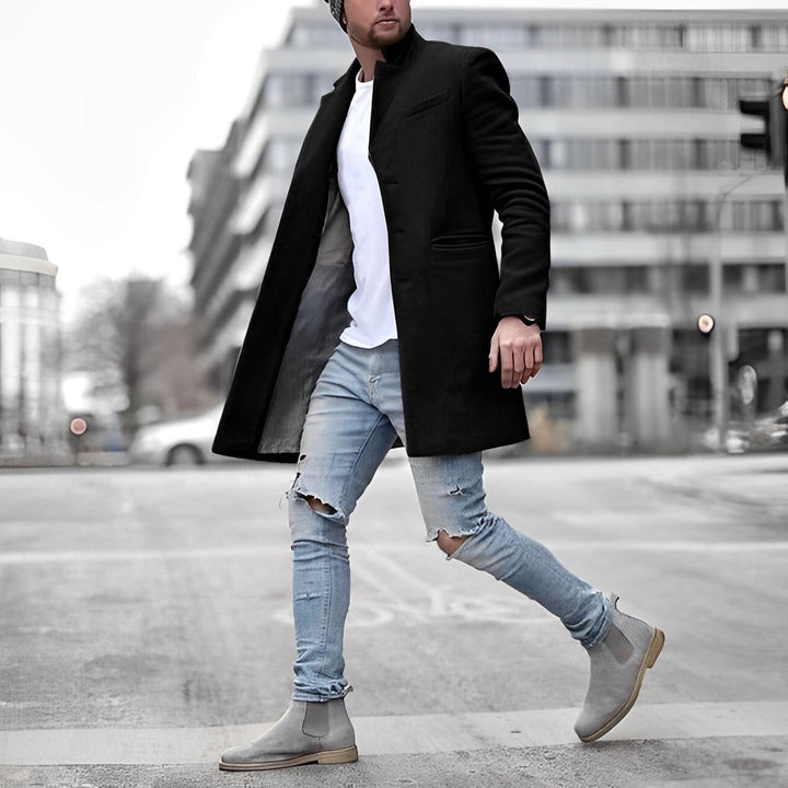 Elegant men's mid-length overcoat featuring a sleek stand collar & slim fit, versatile modern outerwear.