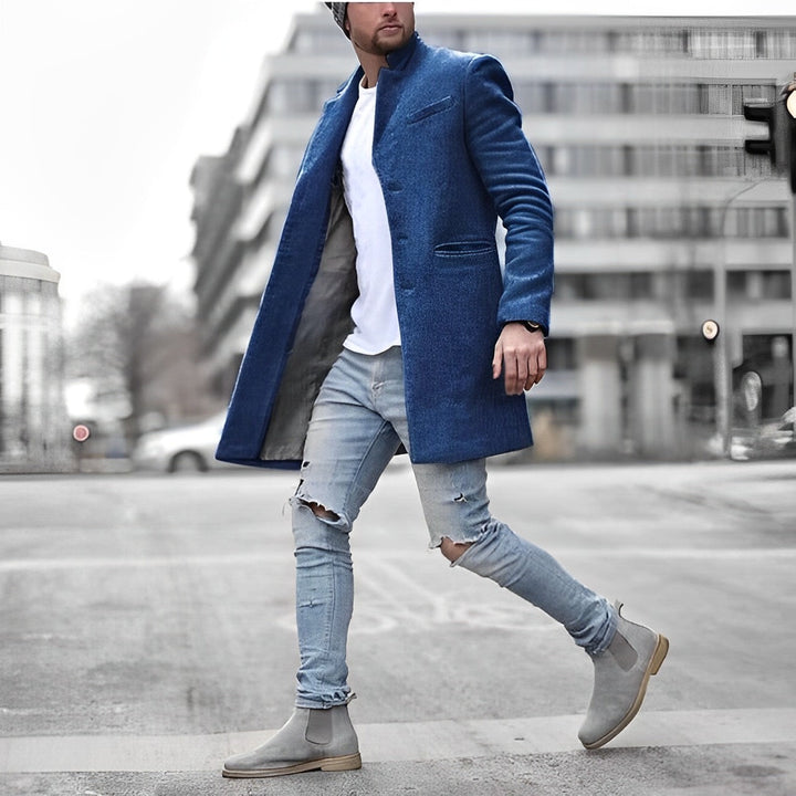 Stylish men's slim-fit overcoat, mid-length design with a crisp stand collar, ideal for elegant outerwear.