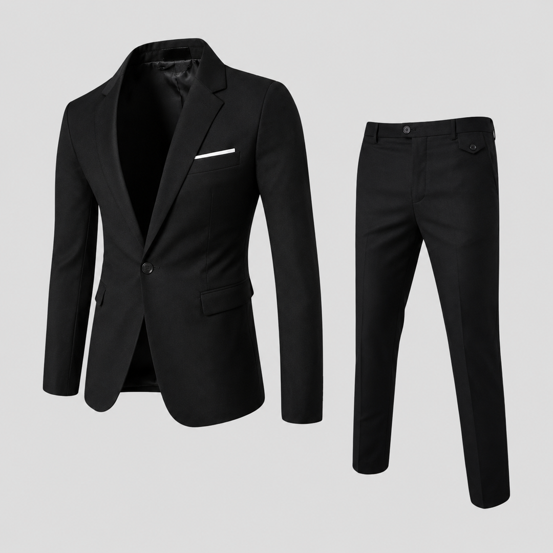 Men's slim fit modern business suit in elegant black, perfect for formal events & office wear. Two-piece tuxedo style.