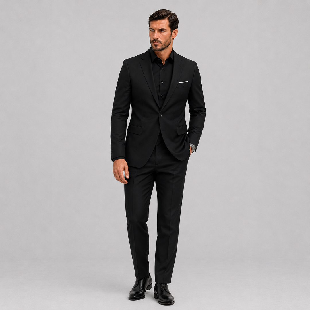 Elegant men's slim fit formal suit, ideal for weddings & special events. Modern two-piece business attire in black.
