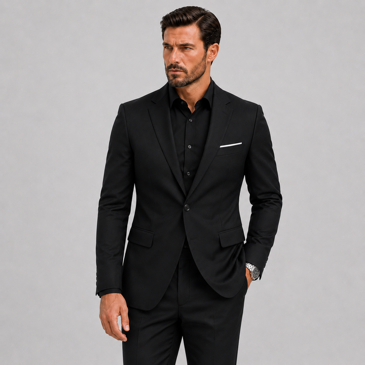 Professional men's slim fit business suit for modern office & formal meetings. Versatile two-piece attire, elegant.