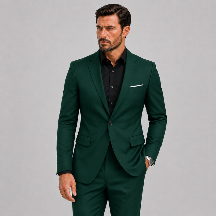 Versatile men's slim fit suit, suitable as business attire, formal wear, or wedding tuxedo. Modern and elegant two-piece.
