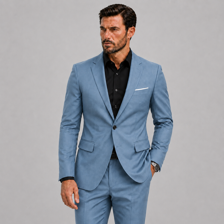 Sophisticated men's slim fit modern suit, offering a sharp & elegant look for formal events, business, or as a wedding tuxedo.