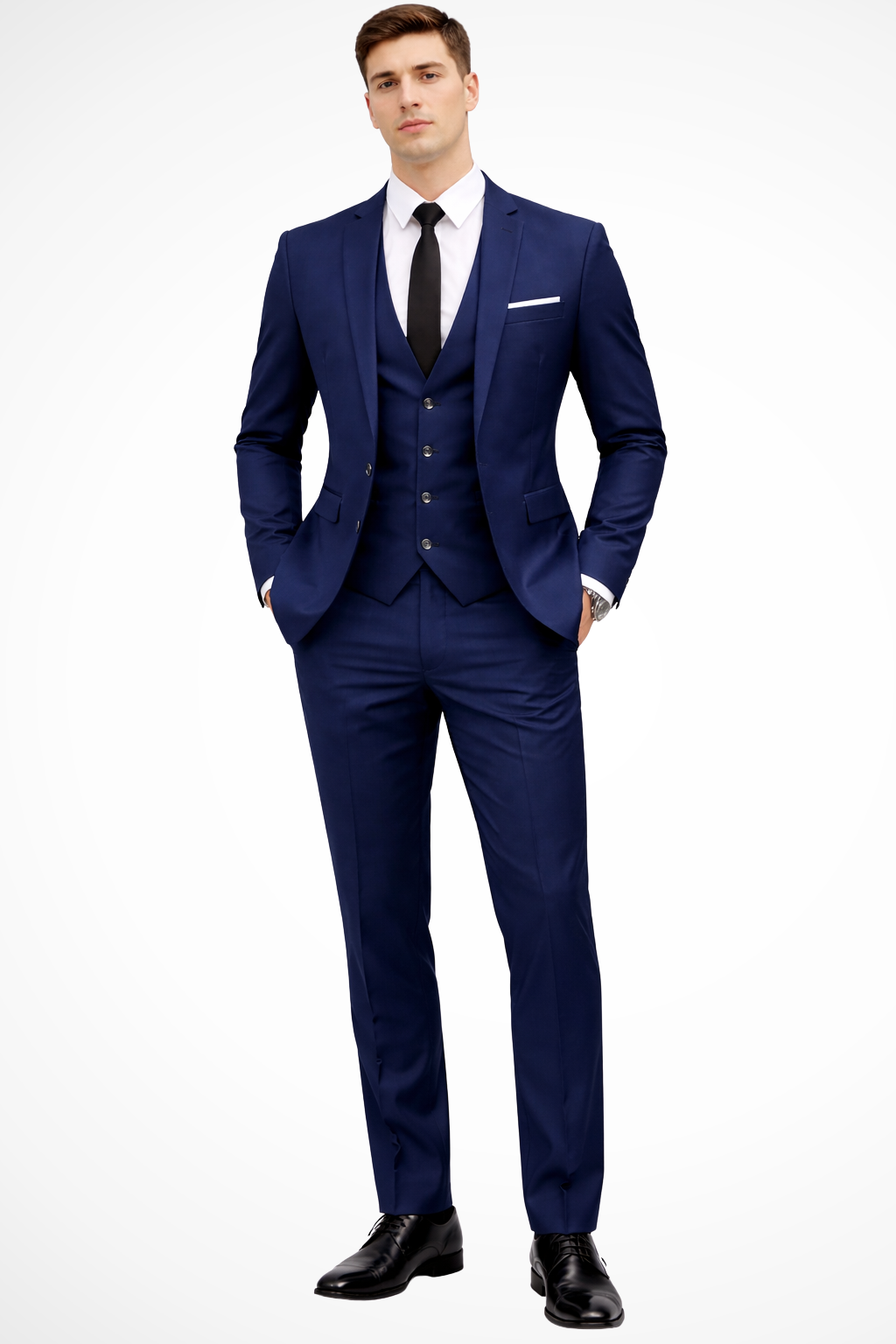 Men's slim fit navy blue 3 piece suit with notch lapel, perfect for weddings & formal events.