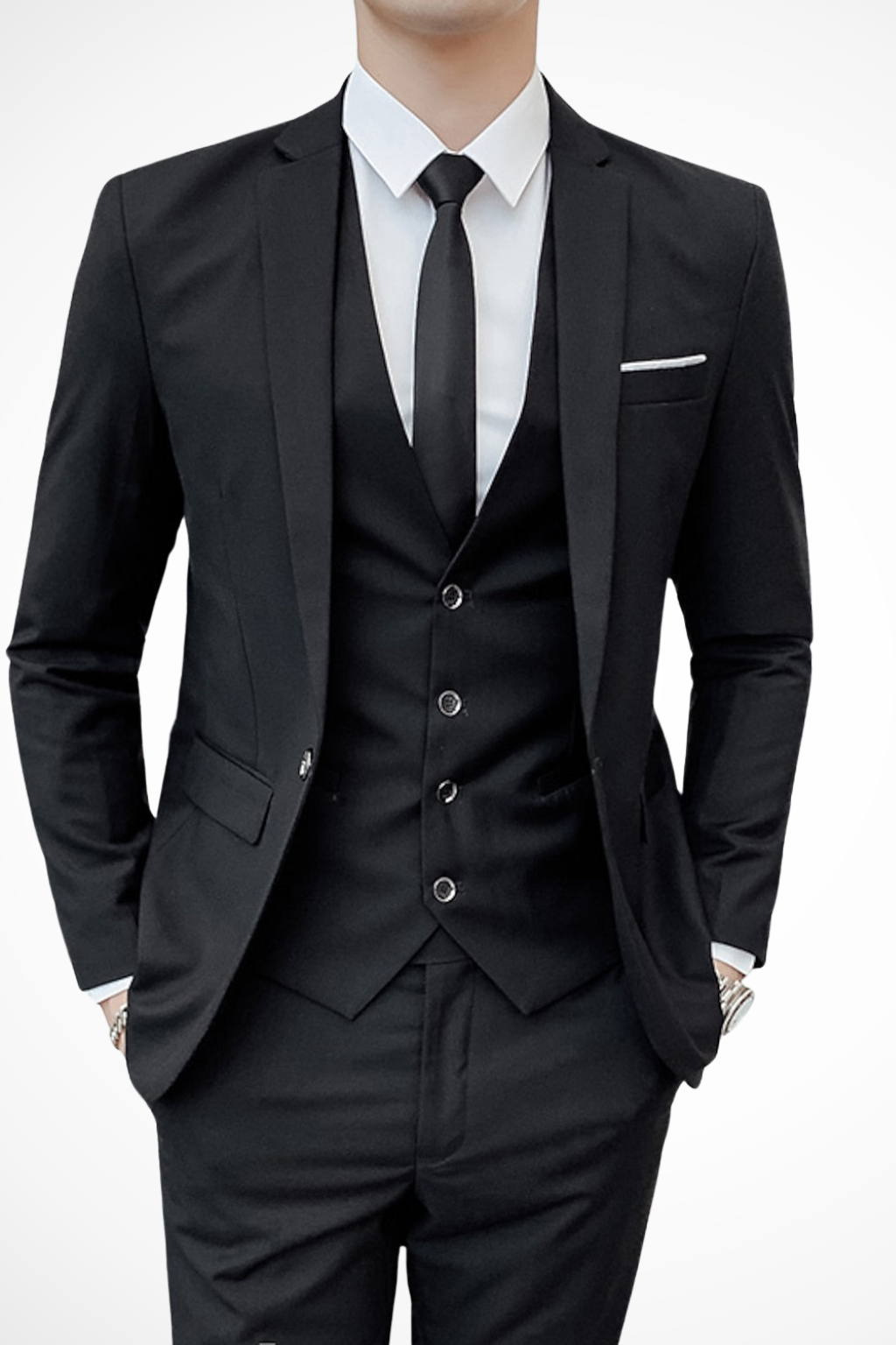 Dapper men's slim fit 3 piece suit, notch lapel detail, excellent for event attire.