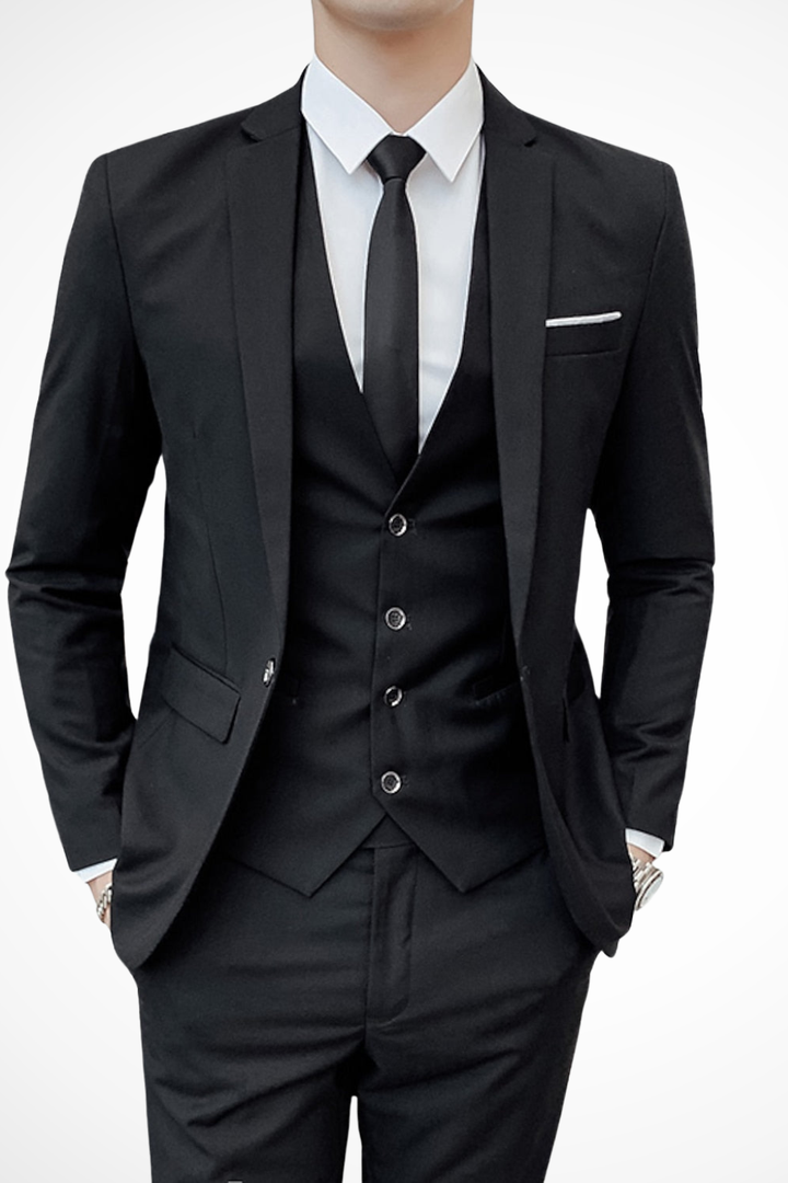 Dapper men's slim fit 3 piece suit, notch lapel detail, excellent for event attire.