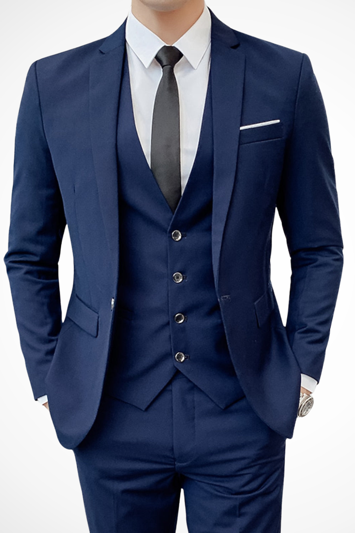 Elegant burgundy men's slim fit suit, 3 piece with notch lapel, ideal for wedding guests.