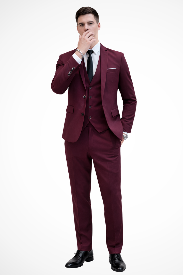 Sharp black men's 3 piece slim fit suit, notch lapel style, great for business & formal events.