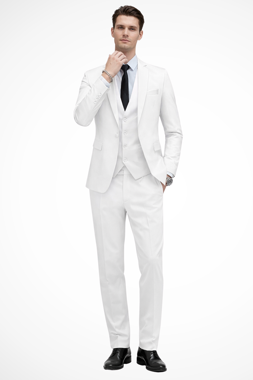 Stylish men's slim fit wedding suit in a 3 piece design with a sleek notch lapel.