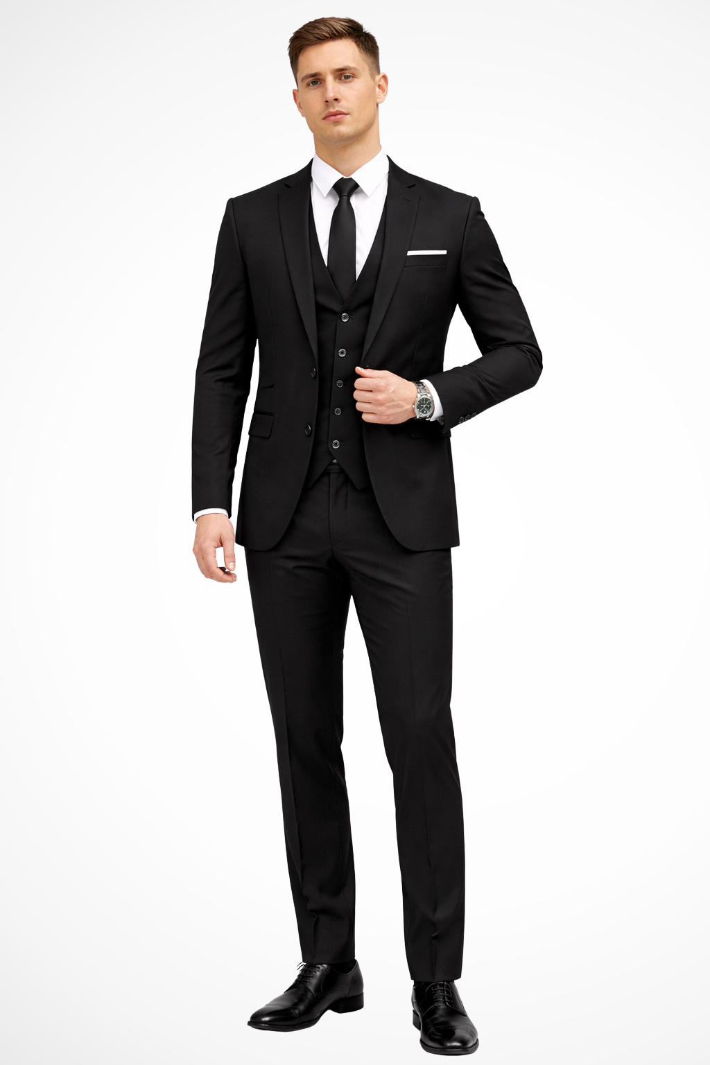 High-quality men's slim fit 3 piece suit, notch lapel, for weddings, business & formal occasions.