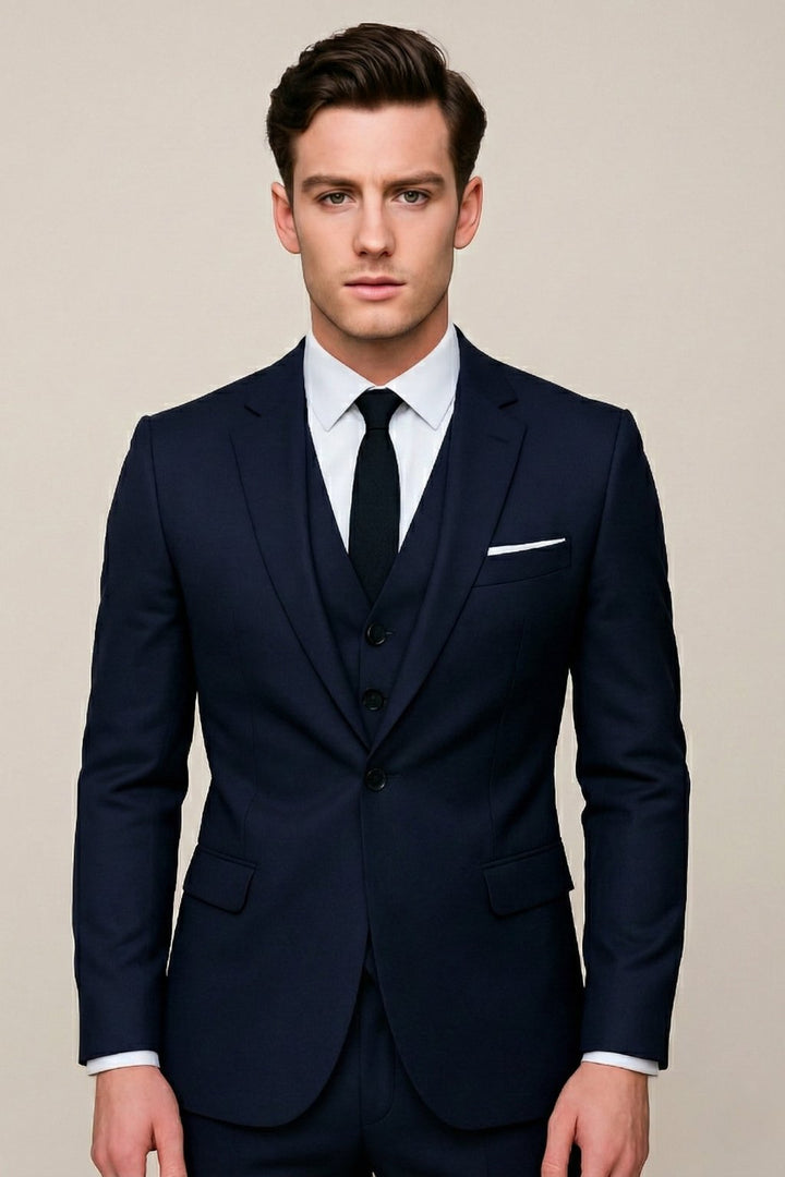 Men's slim-fit navy three-piece suit. Perfect for business, weddings, and formal events. Includes jacket, trousers, waistcoat.