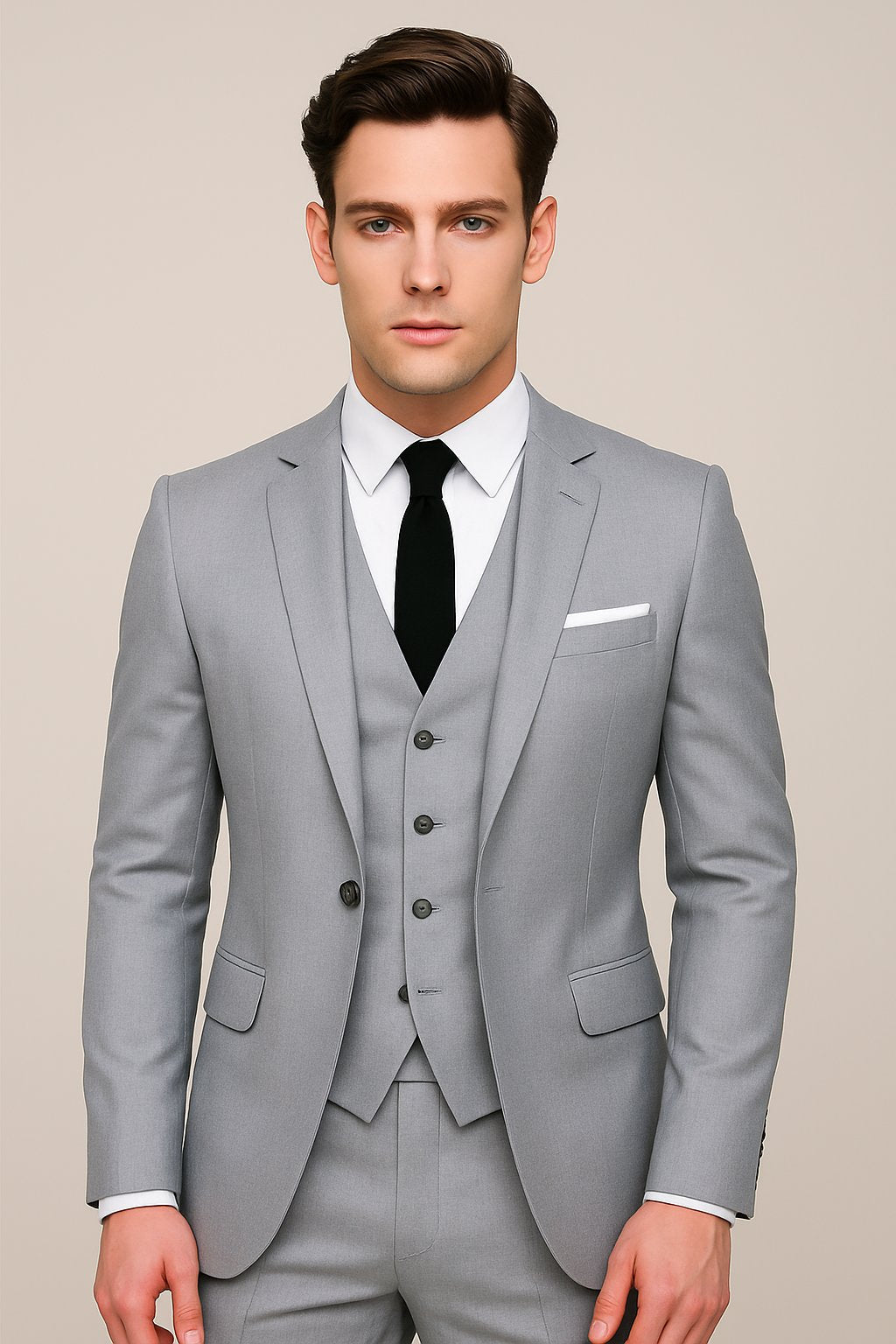 Stylish navy slim-fit three-piece suit for men. Features a classic waistcoat, ideal for formal wear, business, or weddings.