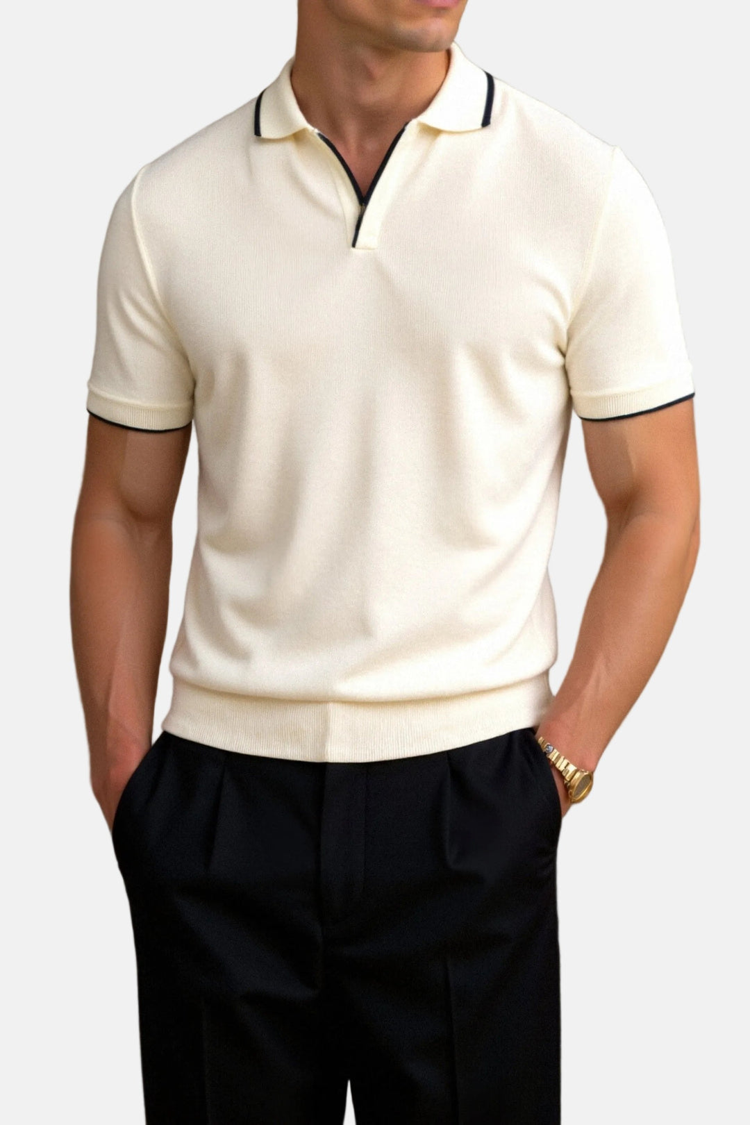 Men's slim fit open-collar knit polo shirt. Casual short sleeve top for summer smart casual style.