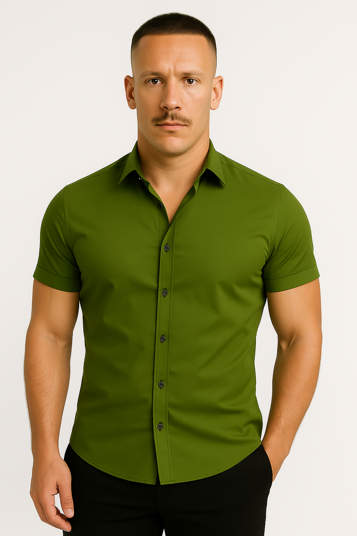 Comfortable men's stretch performance tee with soft fabric for all-day wear and flexible movement. Slim fit design.