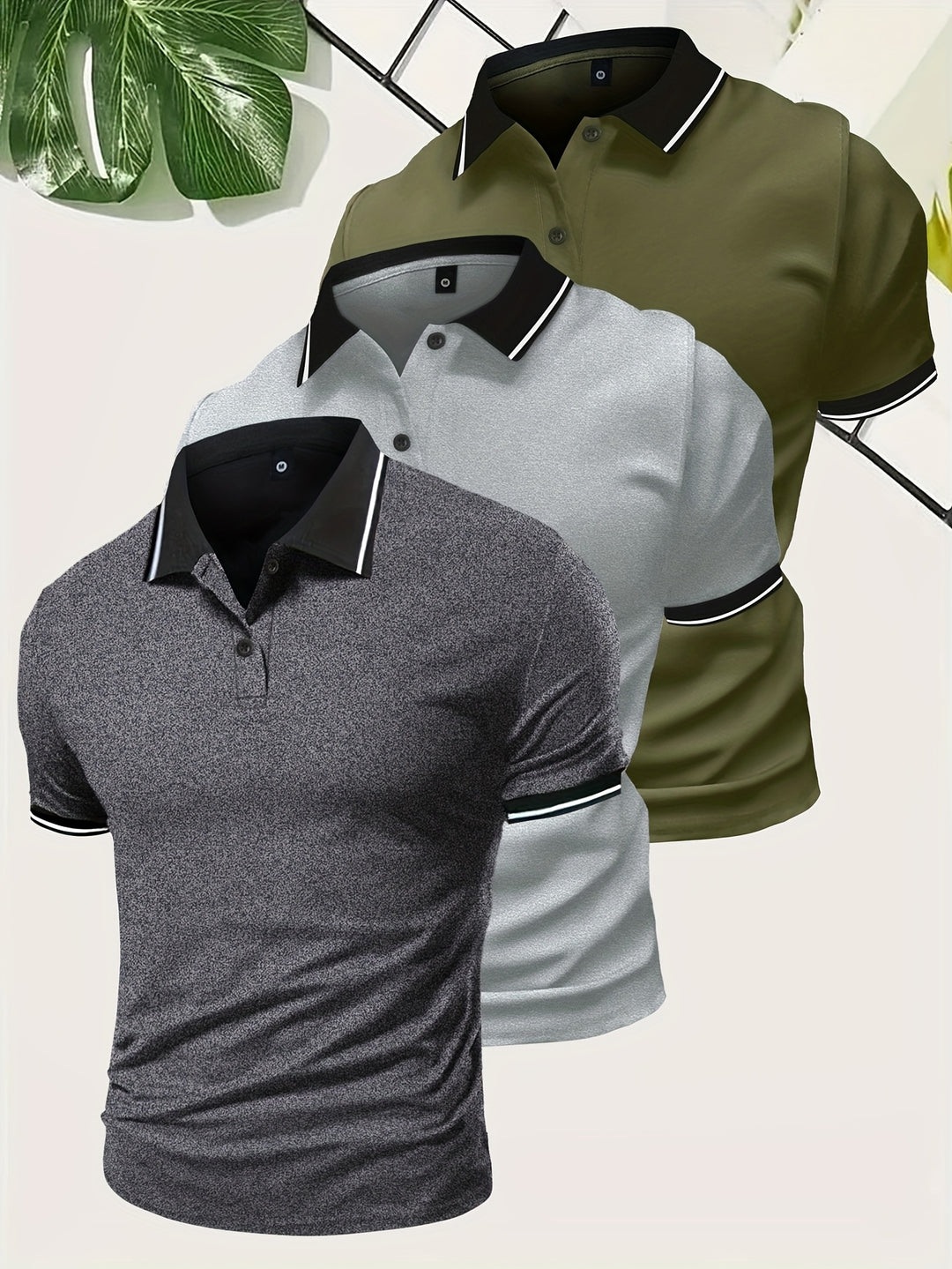 Men's slim fit polo shirt 3-pack with contrast collars, perfect for smart casual summer wear.