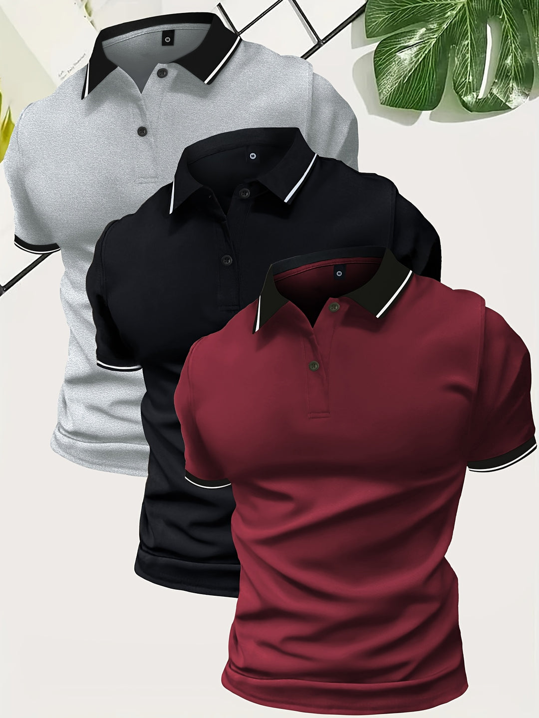 Multipack of men's slim fit short sleeve polo shirts. Versatile contrast collar design for everyday style.