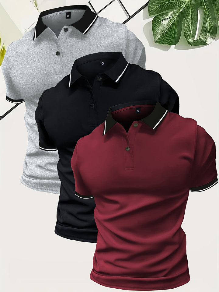 Multipack of men's slim fit short sleeve polo shirts. Versatile contrast collar design for everyday style.