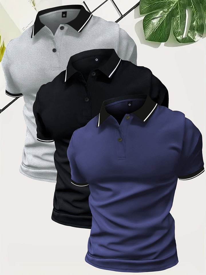 Stylish men's slim fit short sleeve polo shirt set featuring contrast collars. Ideal for casual summer fashion.