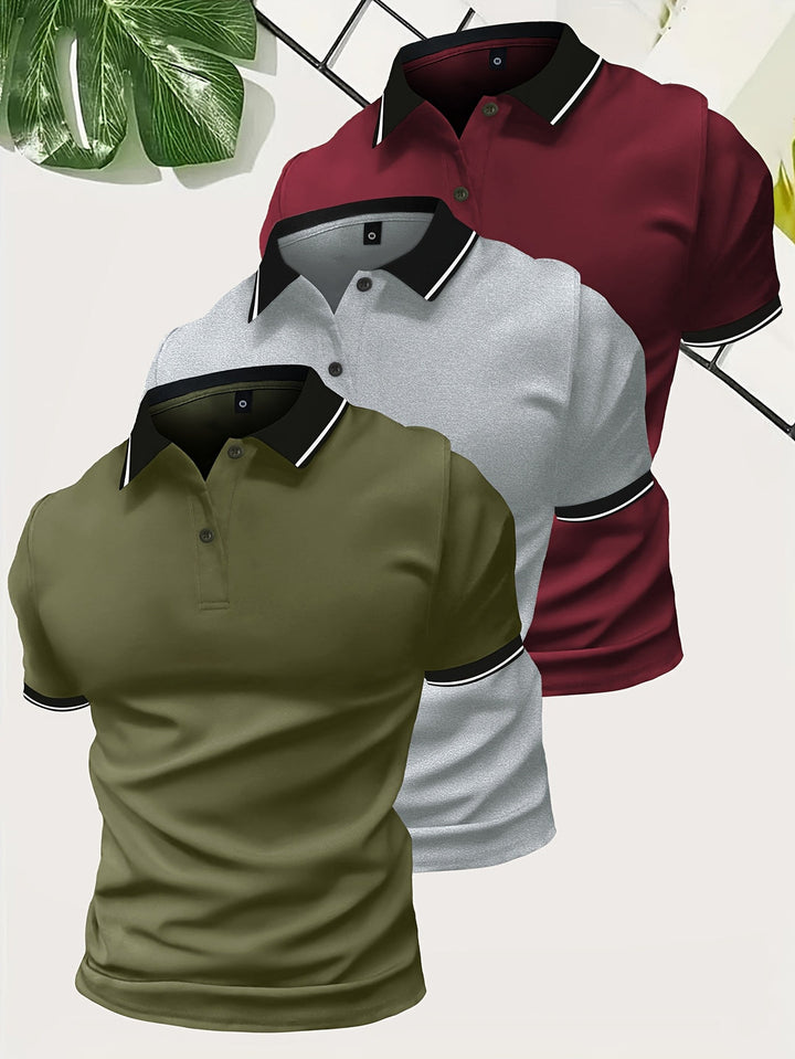 Slim fit men's polo shirt 3-pack with striking contrast collars. Essential short sleeve casual wear.