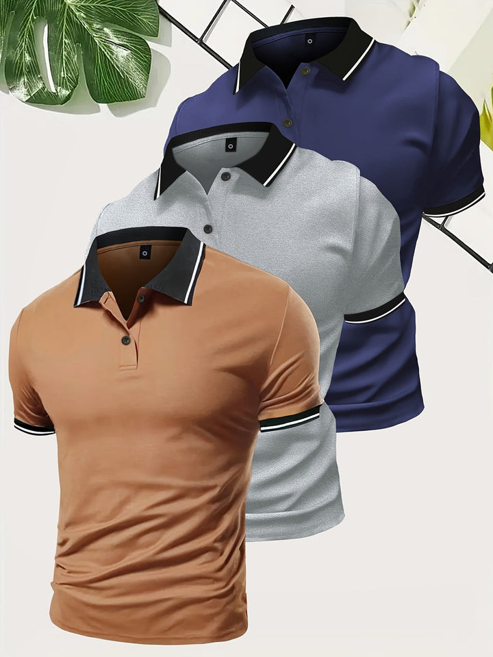 Essential men's slim fit polo shirt 3-pack. Short sleeve design with contrast collar for versatile smart casual looks.