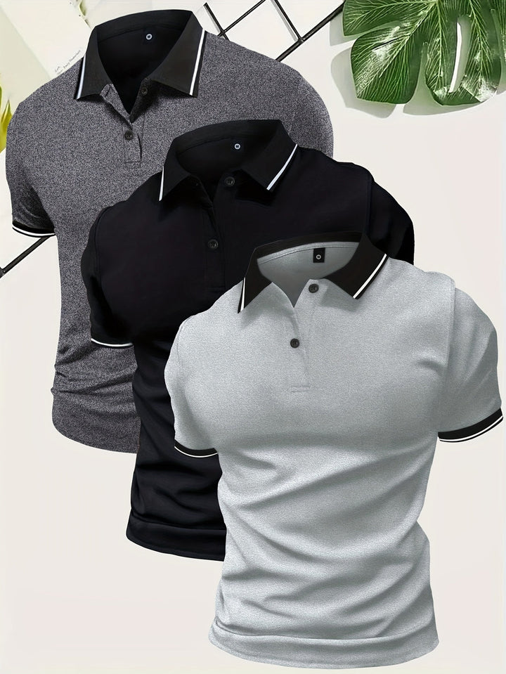 Men's fashion slim fit polo shirt multipack. Short sleeve contrast collar design for smart casual appeal.