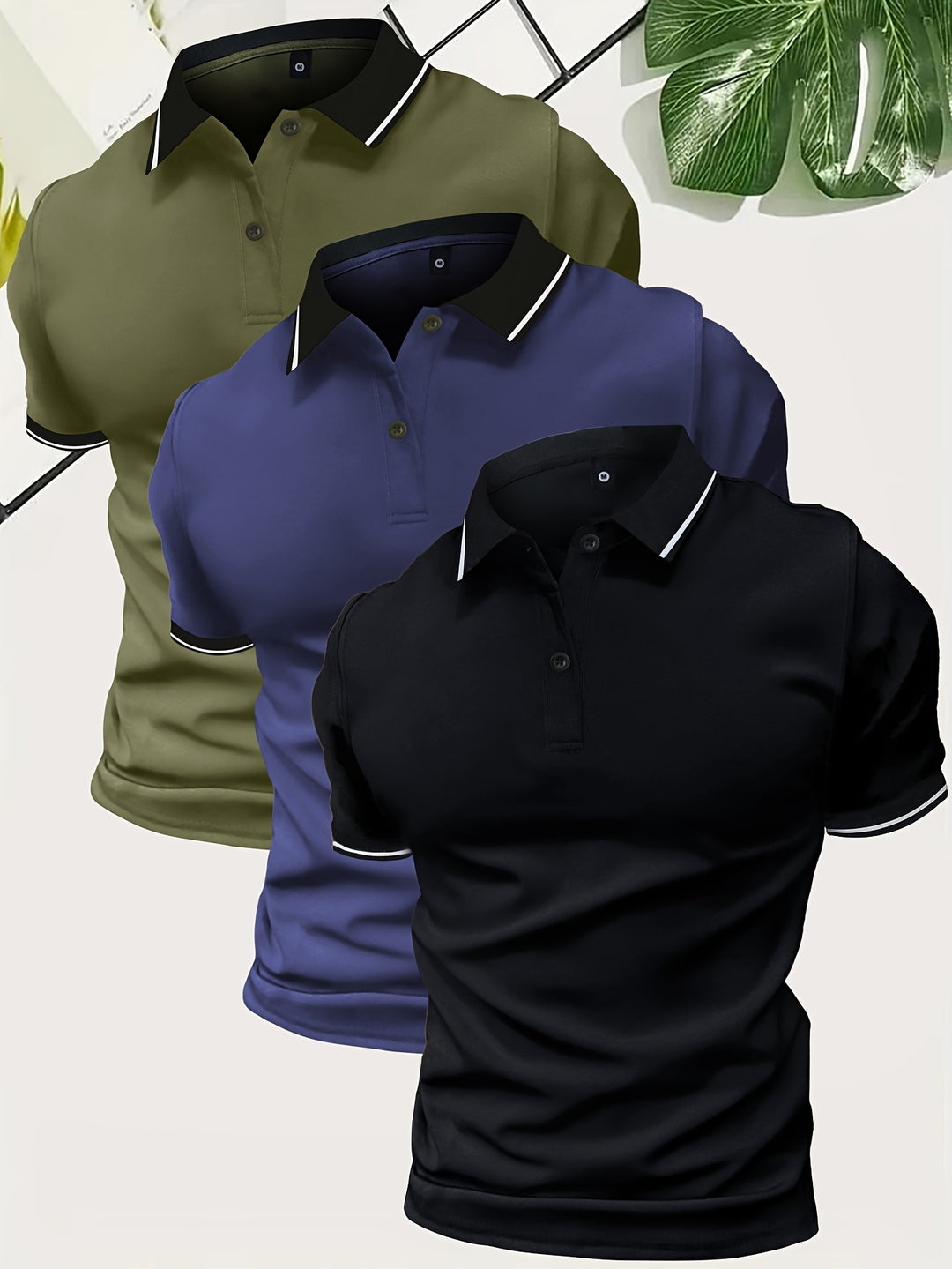 3-pack men's slim fit polo shirts with contrast collars. Short sleeve, ideal for casual and smart-casual outfits.