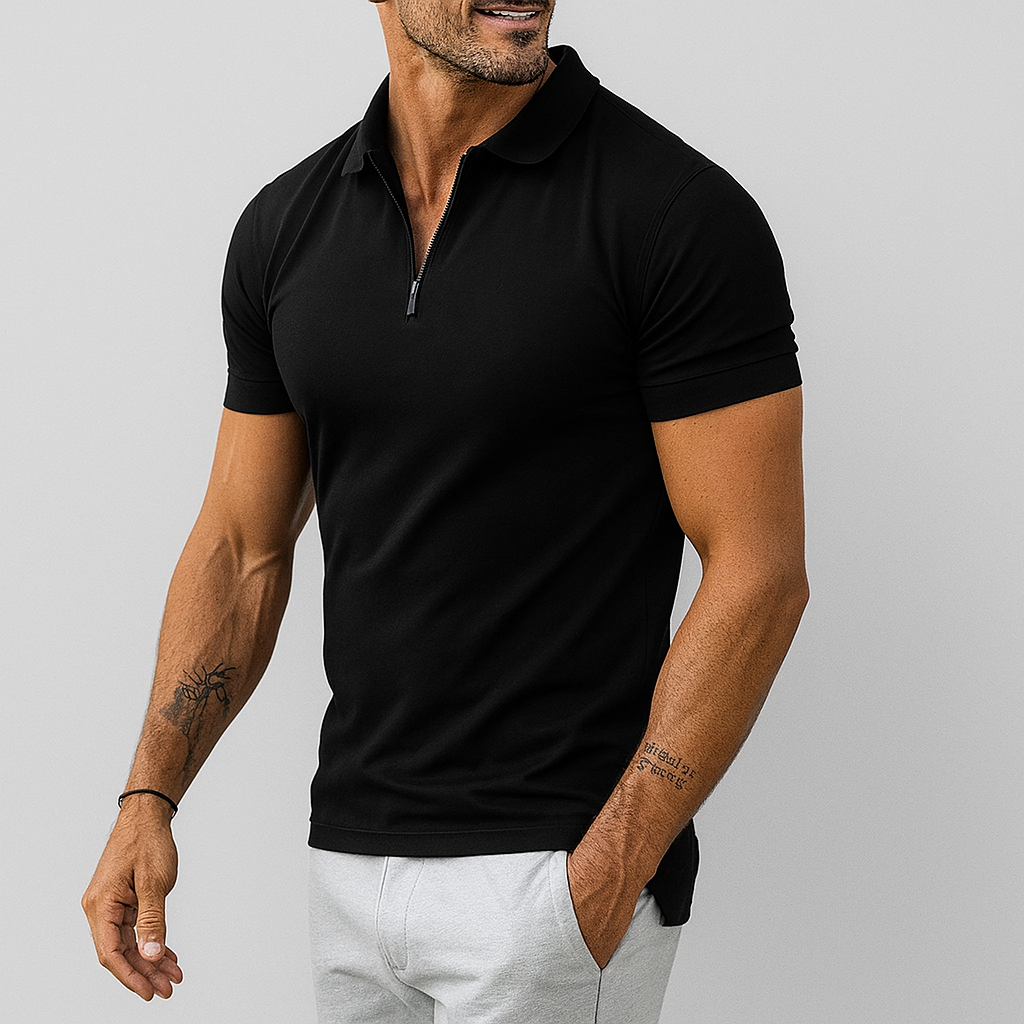 Men's slim fit polo shirt with a stylish half zip, perfect for smart casual and everyday modern wear.
