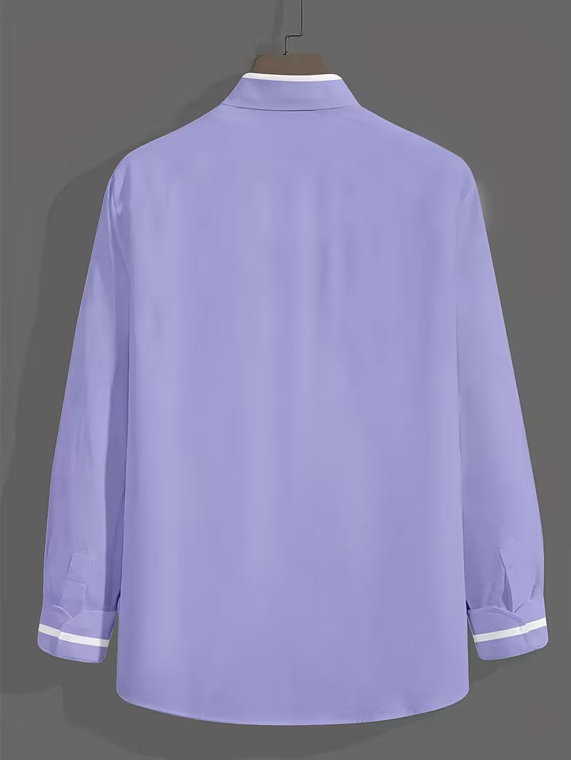 Modern men's pink band collar shirt, long sleeve, button-down, great for work or smart casual.